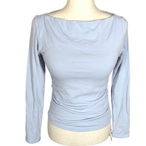 OGL Soft Cozy Eco Mousse Blue Side Ruched Long Sleeve Boat Neck Bra Top MEDIUM